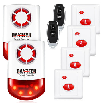 Sistema de alarma con sirena estroboscópica Daytech: potente sistema de seguridad para exteriores con sirena roja intermitente y botones de pánico remotos.
